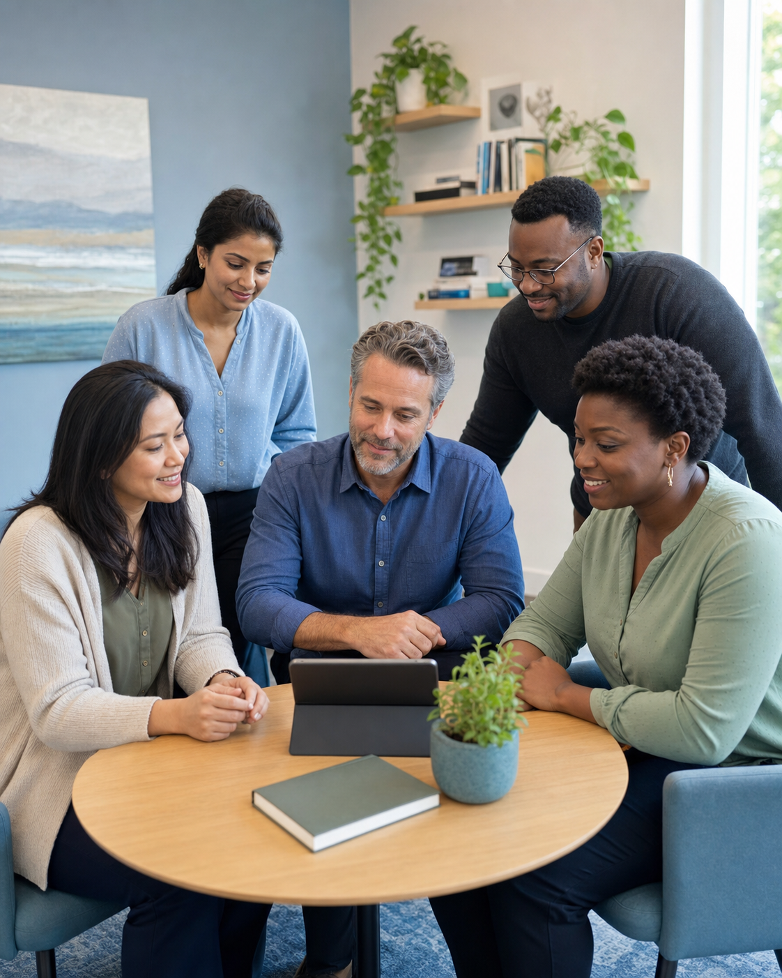 Diverse behavioral health professionals collaborating in a welcoming clinic